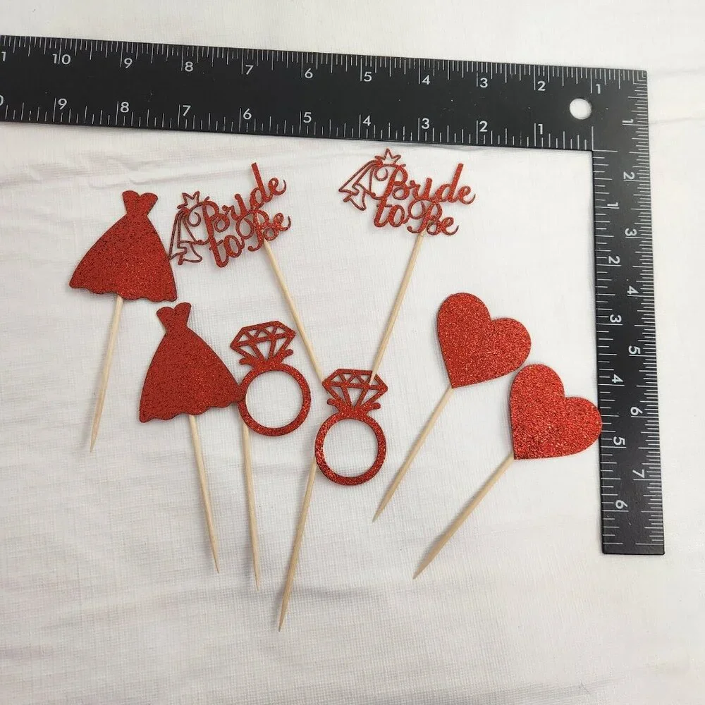 Bride To Be Cupcake Toppers Red Sparkle Dress Hearts Love Valentine's Day 24